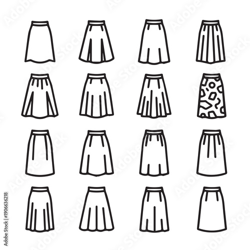 Collection of Skirt Icons with Different Styles and Patterns