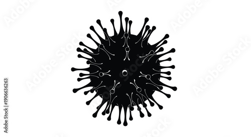 Stylized black and white illustration of a coronavirus particle