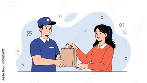 Friendly delivery man in a blue uniform handing over a brown paper bag to a female customer in an orange shirt at home.