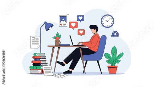 Creative professional man working on his laptop at a desk surrounded by books plants and social media notification icons.