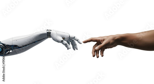 Robot hand reaching human hand touching on black