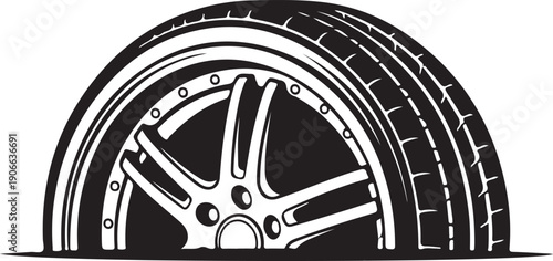 Car wheel with alloy rim and tire tread, detailed automotive element in black and white, side profile view