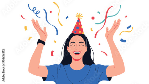 Very happy young woman wearing a colorful party hat celebrating with bright confetti and streamers falling around her.