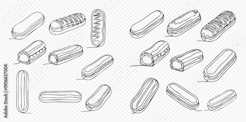 Set of hand-drawn eclair pastries with various toppings and fillings, isolated on a transparent background.