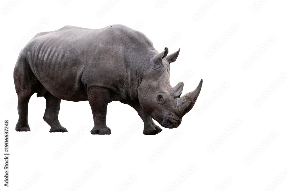 Fototapeta premium Bold Black Rhino Stands Proud on a Deep Black Background, Majestic Wildlife Portrait