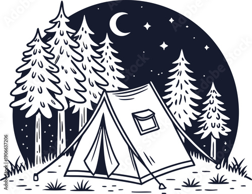 Vector isolated camping tent under moonlit pine trees in winter night
