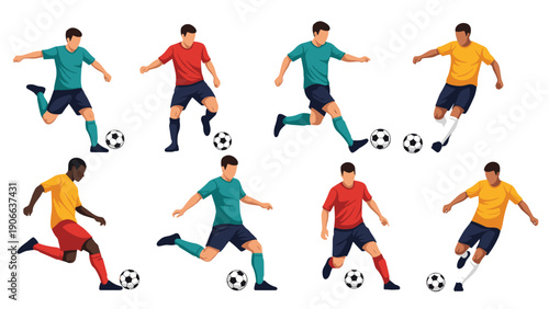 Various illustrations of soccer players in dynamic action poses kicking the ball and competing during a sports match.