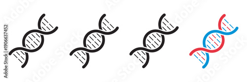 DNA icon set, vector genetic symbols, biology, chemistry, science, chromosomes, molecules, cell and laboratory illustrations, flat, outline, colored design