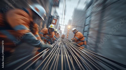 Workers lay steel cables in downtown area during construction project in the city