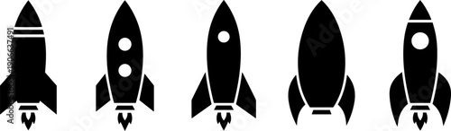 Set of modern rocket ship icons in black silhouette style