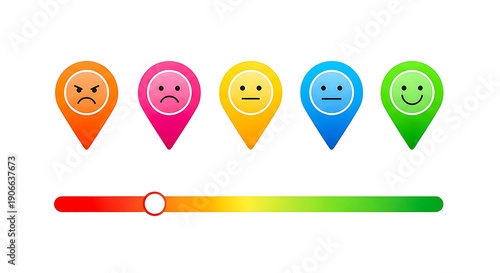 Colorful location pins on a progress bar scale from red to green isolated on transparent background