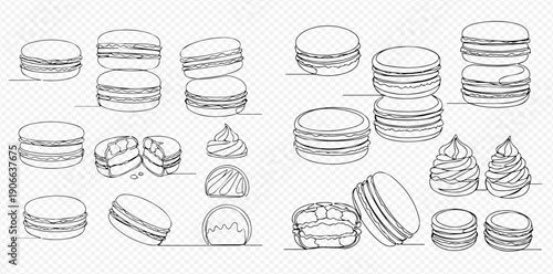 Continuous line drawing of various delicious French macarons and sweet pastries, vector illustration in doodle style.