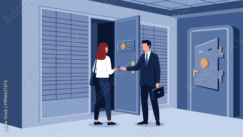 Man in a suit showing a woman client into a secure bank vault filled with individual safety deposit boxes for storage.