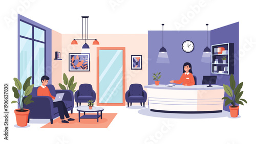 Modern office reception area with a female receptionist at the counter and a visitor working on a laptop on the sofa.