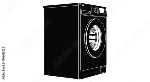 A stark black and white illustration depicts a modern front loading washing machine against a white background a bold silhouette high quality professional detailed