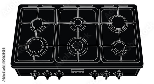 A top down view of a modern black gas stovetop with six burners and control knobs presented as a silhouette high quality