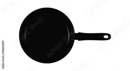 A stark black silhouette of a frying pan is prominently displayed against a clean white background creating a minimalist aesthetic silhouette