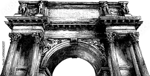 Vintage architectural arch keystone with botanical detailing - hand-drawn engraving for design projects