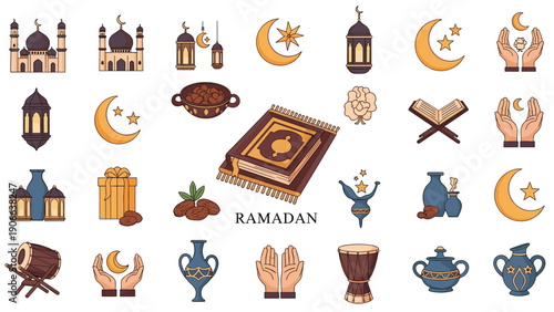 Set of ramadan and islamic culture icons including mosque quran crescent moon lantern dates and prayer hand symbols.