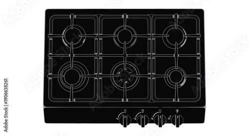 A minimalist depiction of a black gas stovetop with circular burners and knobs presented as a silhouette high quality professional detailed