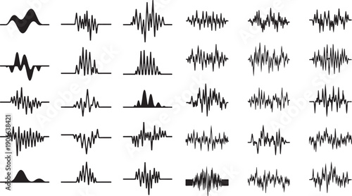 Set of various black sound waves on transparent background, audio equalizer frequency patterns, music waveforms