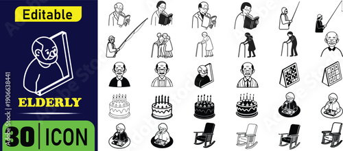Editable Elderly Set black and white seniors old people
