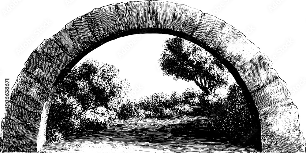 Fototapeta premium Semicircular architectural arch with botanical scene - vintage illustration for design use