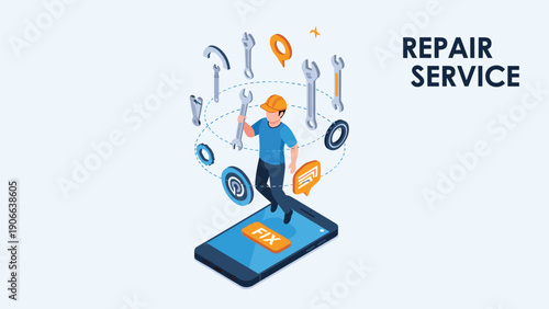 Phone repair service illustration showing a technician and various tools floating above a smartphone for fixing.