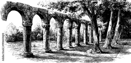 Vintage architectural arch composition with repeated rhythm in botanical setting