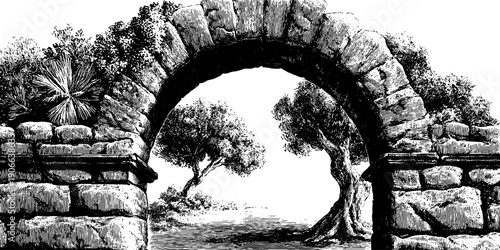 Vintage botanical archway with layered masonry in engraved style for design projects