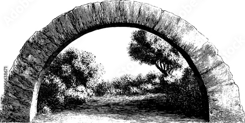 Semicircular architectural arch with botanical scene - vintage illustration for design use