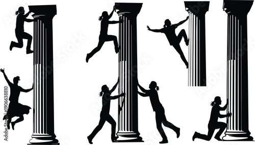Black silhouette of people climbing and holding onto classical architectural columns, concepts of ambition, teamwork, support, and overcoming business challenges,