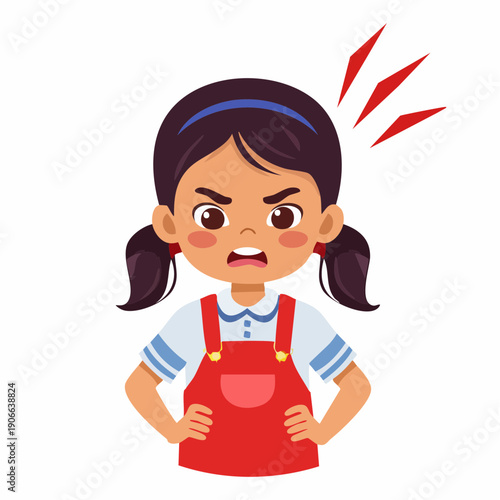 A young girl expressing anger with red flashes, cartoon illustration of a child character in a red dress