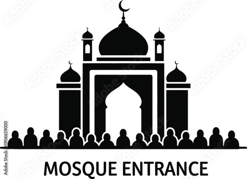 People gathering at Mosque Entrance illustration with crescent moon archway and silhouettes of worshippers