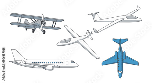 Detailed vector illustrations of diverse aircraft vintage biplane modern glider passenger jet private plane designs.