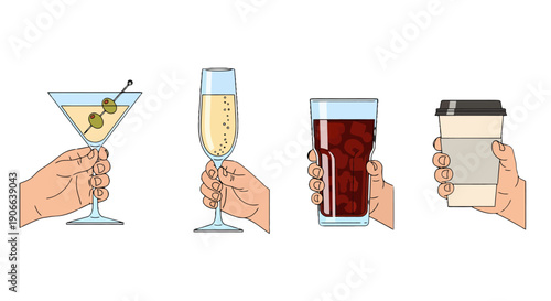 Diverse illustrated hands holding various drinks martini champagne iced soda and a disposable coffee cup.