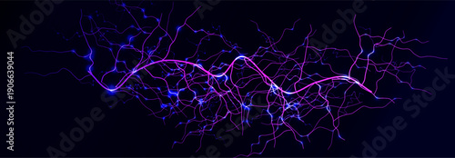 Lightning Thunderbolt Strike Black Night Background, Purple Glow Light Effect Thunder Bolt. Realistic Spark Lightening Discharge Burst, Electric Shock Current. Energy Charge Line. Vector Illustration.