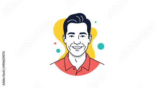 Friendly smiling man with dark hair in a red polo shirt against a bright background with colorful abstract shapes.