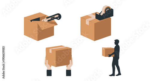 Flat design isometric illustrations of brown cardboard boxes utility knife tape dispenser hands and a person carrying a package.