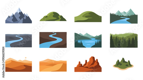Flat Design Landscape Elements Collection Mountains Rivers Forests Deserts Hills Lakes Islands.