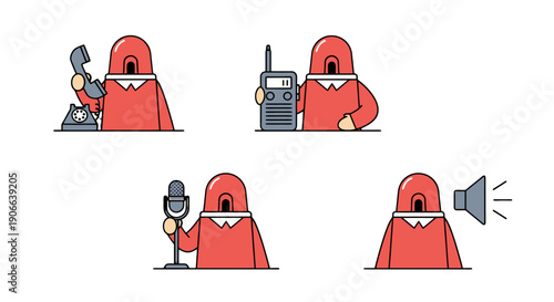 Red bellshaped cartoon character set communicating with telephone walkietalkie microphone and loudspeaker in flat vector style.