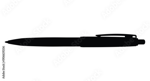 A stark black silhouette of a classic ballpoint pen is displayed against a clean white background silhouette high quality professional detailed