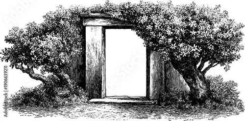 Vintage architectural doorway frame with botanical elements sketch for retro design projects