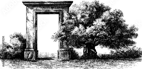 Vintage botanical architectural doorway frame with tree sketch for artistic design