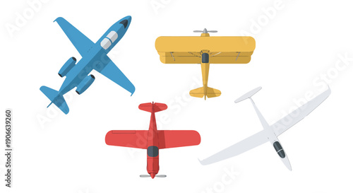 Vibrant flat design aircraft collection blue jet yellow biplane red propeller plane white glider top view.