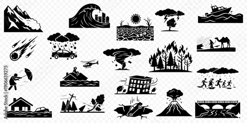 Natural disasters and cataclysms silhouettes set featuring tsunami, tornado, wildfire, earthquake, flood, volcanic eruption and extreme weather