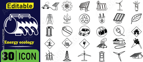 Energy ecology set with solar panels wind turbines and recycling symbols