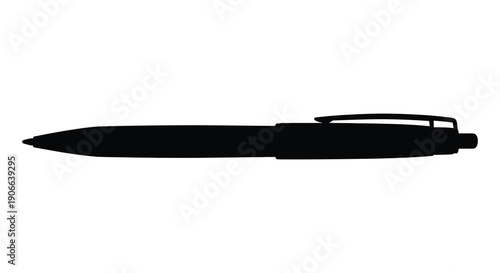 A stark black silhouette of a typical ballpoint pen lies horizontally against a plain white background showcasing its form silhouette