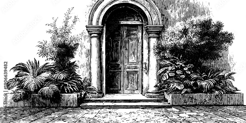 Fototapeta premium Architectural doorway with botanical details in vintage engraving style - design for print or poster