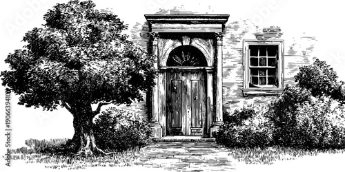 Vintage architectural doorway with botanical elements for design and decoration